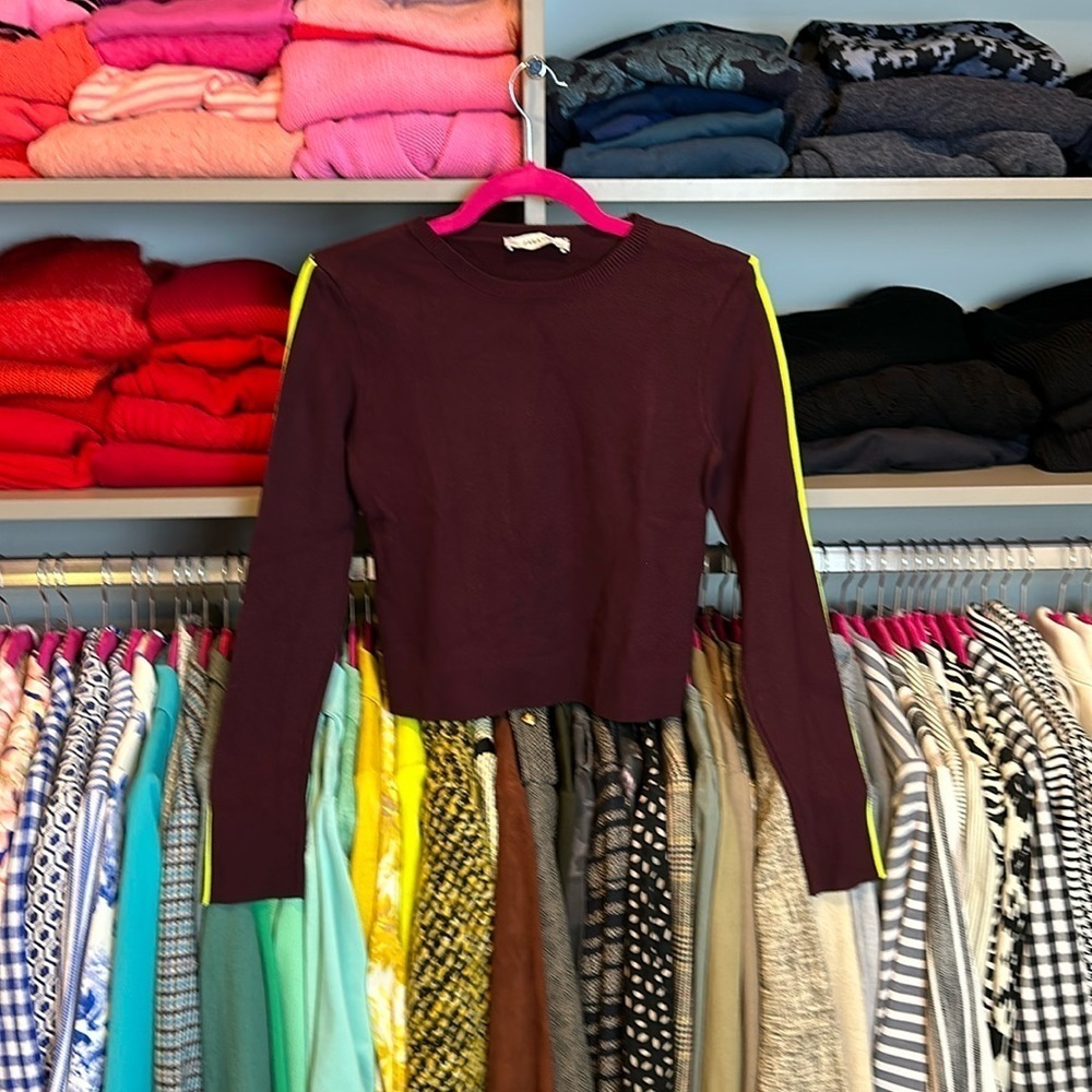 Zara burgundy with fluorescent green long sleeve crew neck sweater size S